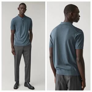 COS Silk Cotton Short Sleeve Polo Blue Gray Sz Medium M